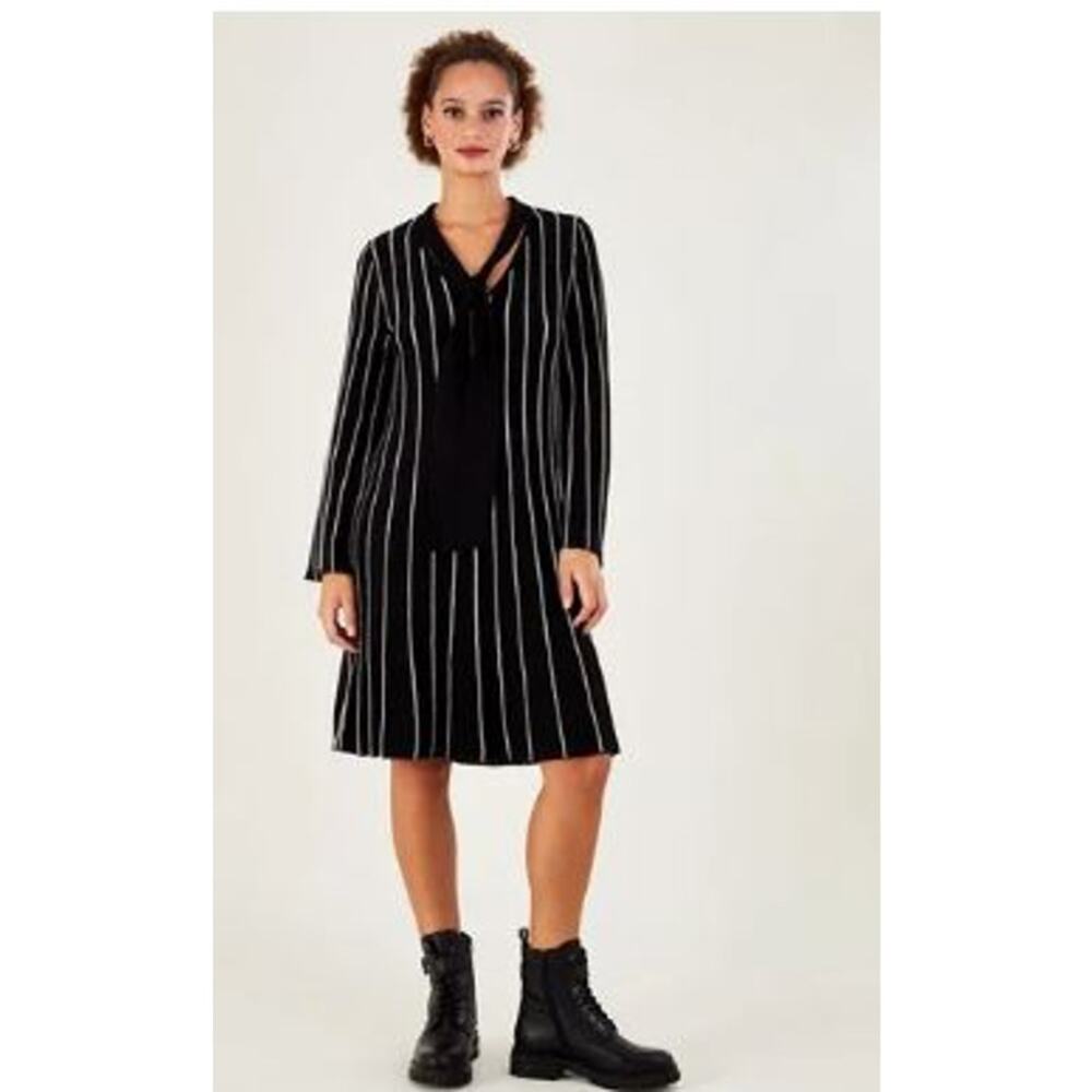 Monsoon Size Medium Metallic Highlight Trapeze Dress Black Cotton Blend Stripe